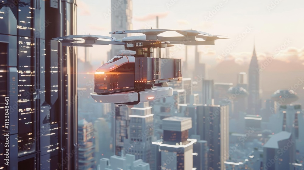 A futuristic drone transporting cargo above a city skyline at sunset.