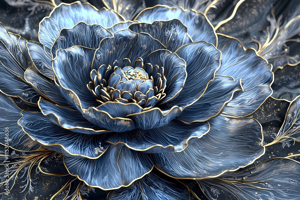 Fototapeta premium Intricate Blue Floral Design with Golden Accents and Detailed Petals