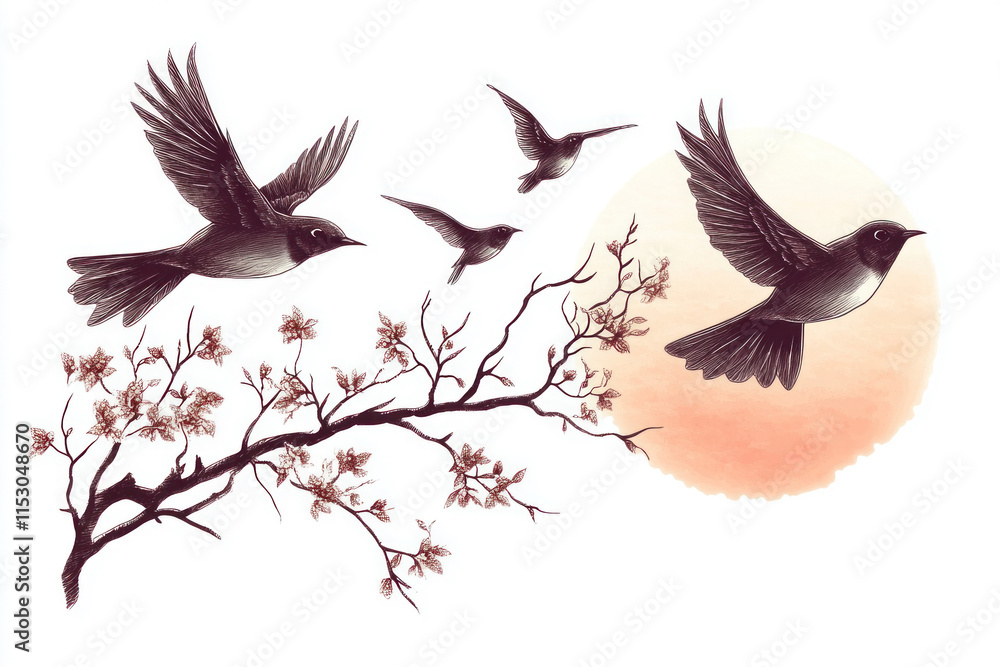 Obraz premium Two birds soaring over a blossoming branch.