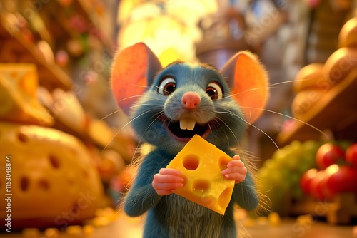 A joyful cartoon mouse enjoys a piece of cheese in a vibrant kitchen filled with various cheeses and vegetables.
