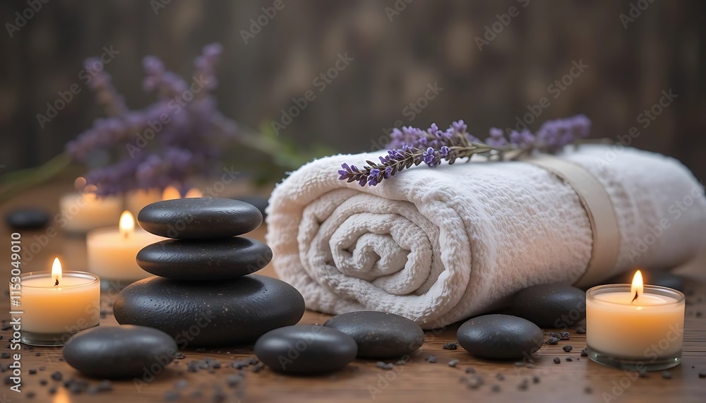Serene Spa Setting with Stones Candles and Lavender Serene Spa Setting with Stones Candles and Lavender