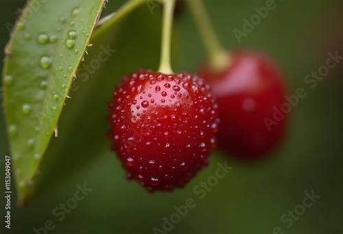 Close-up of ripe red cherries covered with water drops, shallow depth of field