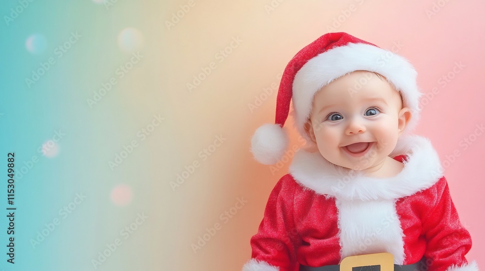 Delightful Baby in Santa Costume Against Pastel Backdrop Delightful Baby in Santa Costume Against Pastel Backdrop