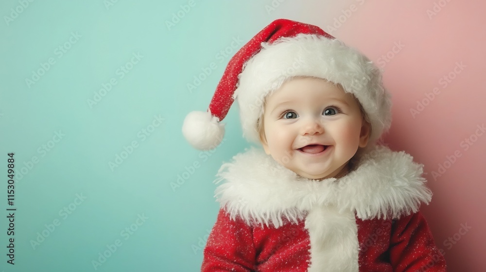 Adorable Baby in Santa Costume Smiling on Pastel Background Adorable Baby in Santa Costume Smiling on Pastel Background