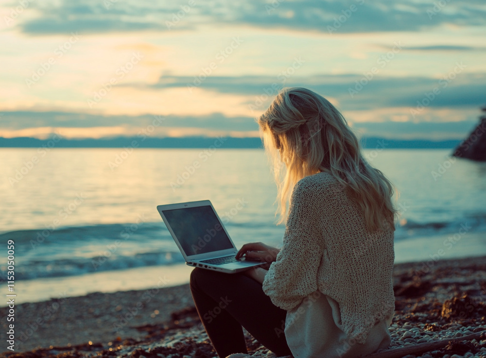 Woman working remotely on her laptop while gazing at the ocean. Woman working remotely on her laptop while gazing at the ocean.