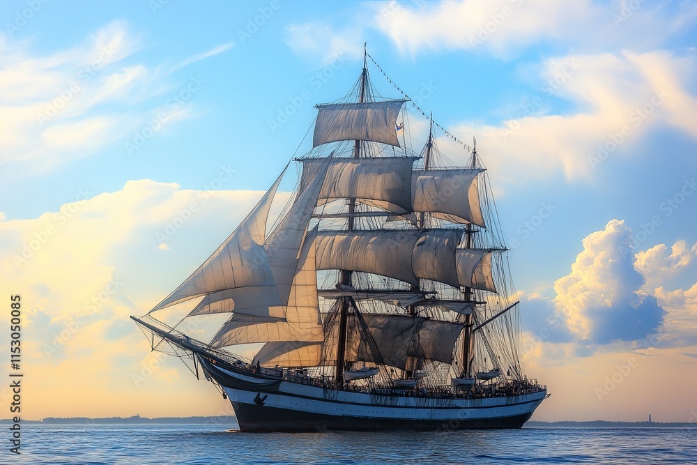 Fototapeta premium Majestic sailing ship against a scenic sky backdrop.