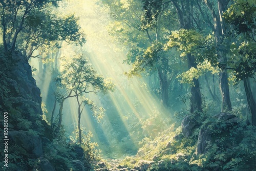 Sunbeams illuminate a mystical forest path, dappled light through lush green foliage and rocky terrain. photo