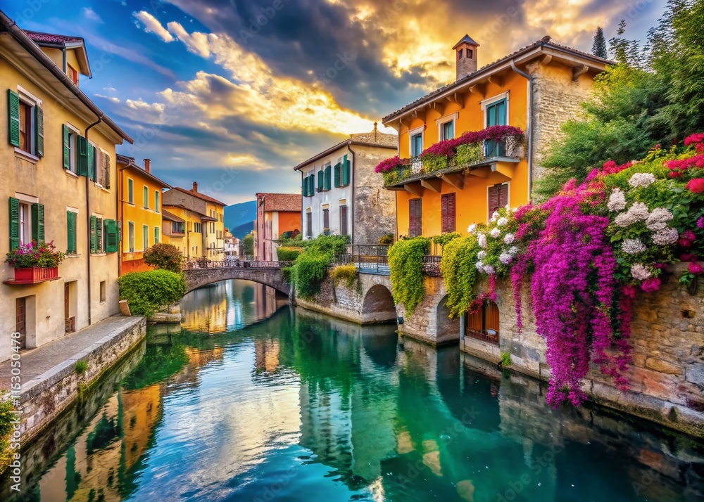 Fototapeta premium Colorful Houses, Peschiera del Garda, Lago di Garda, Italy - Charming Lakeside Village