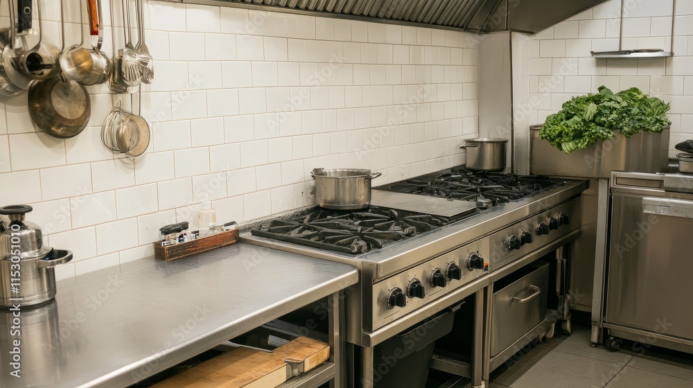 A chef's workspace with a stainless steel prep table, commercial stove, and white tile walls, ready for culinary creations A chef's workspace with a stainless steel prep table, commercial stove, and white tile walls, ready for culinary creations