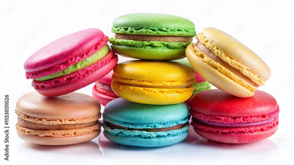 Colorful Macarons, Sweet Treats, Pastry, Dessert, French Macarons, Isolated on White Background Colorful Macarons, Sweet Treats, Pastry, Dessert, French Macarons, Isolated on White Background