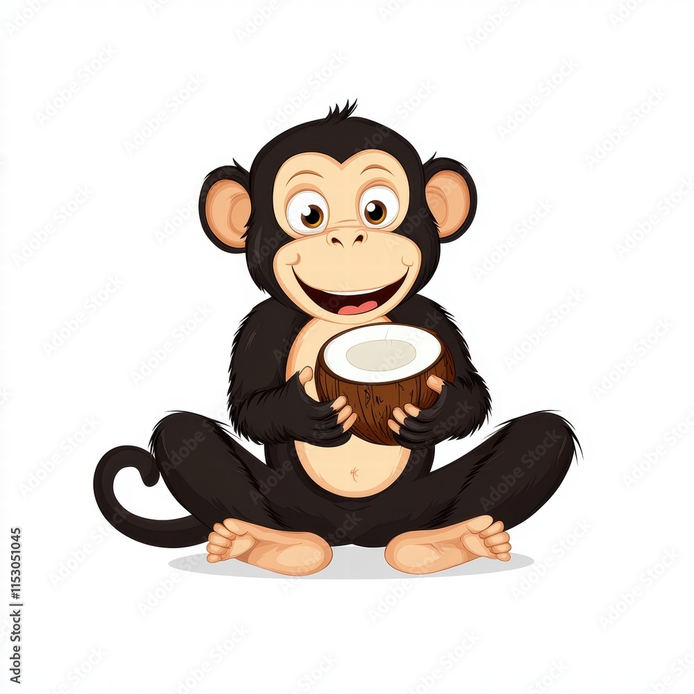 Fototapeta premium Cheerful Cartoon Monkey Holding Coconut with Happy Expression