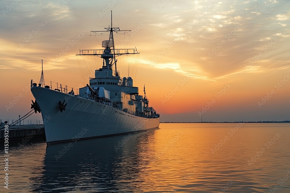 Naval ship docked at sunset by calm waters. Naval ship docked at sunset by calm waters.