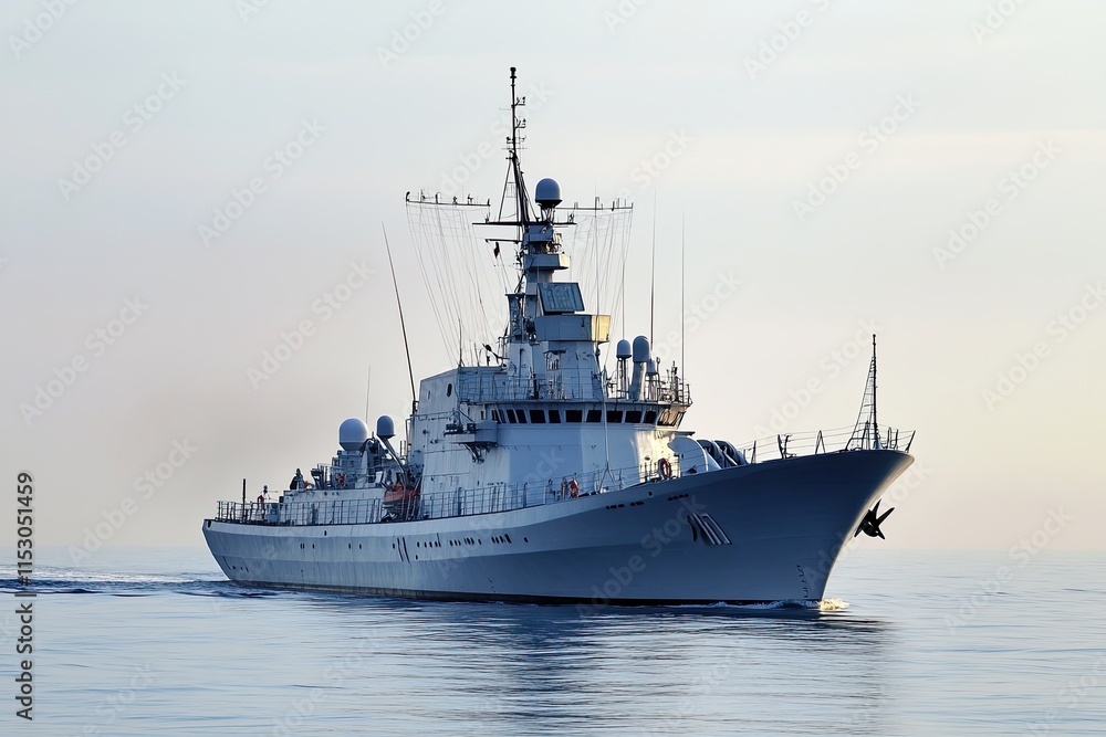 Naval ship navigating calm waters at dawn. Naval ship navigating calm waters at dawn.