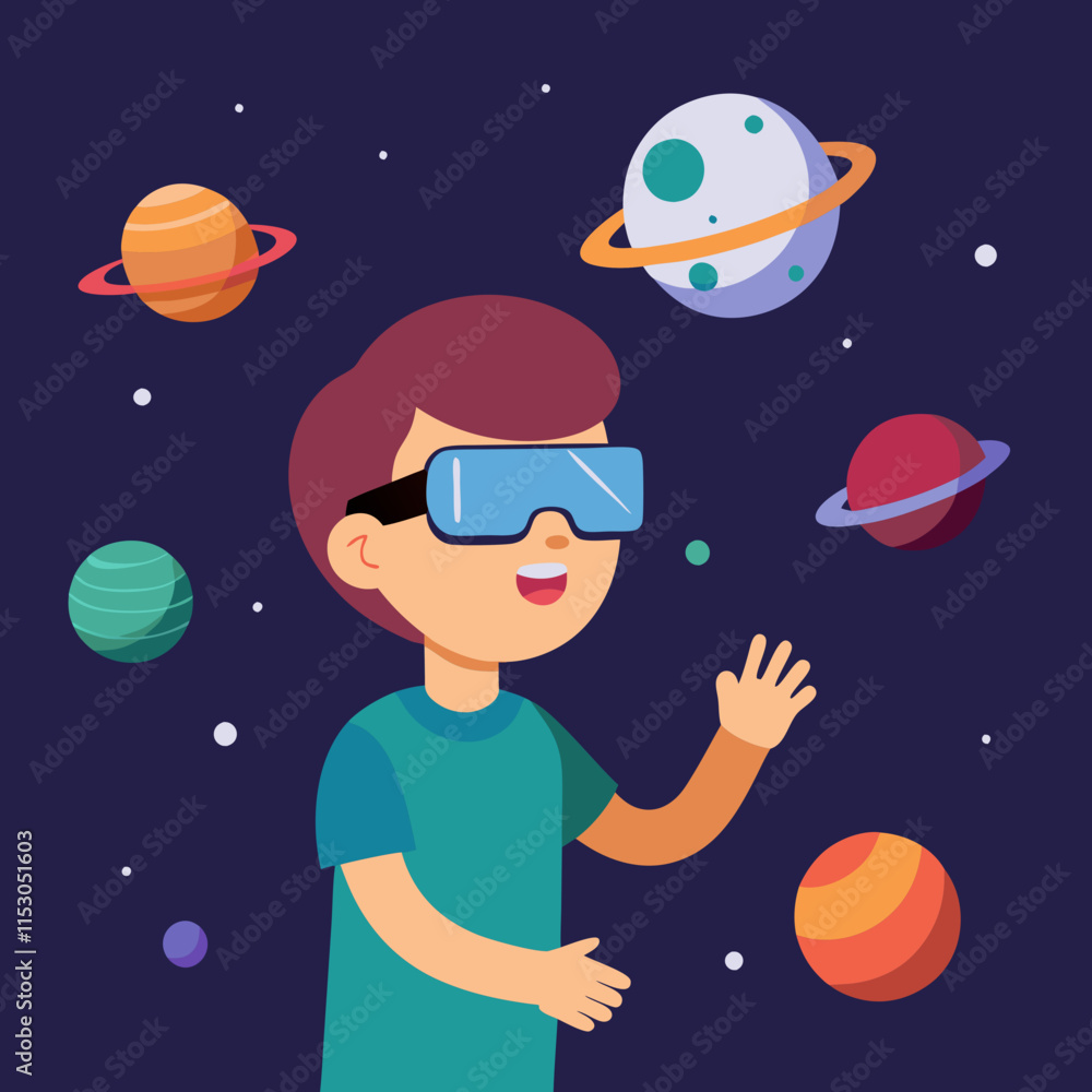 Naklejka premium AR glasses, augmented reality, 3D solar system, kids learning, interactive learning, educational tech, immersive learning, planets exploration, AR education, child learning, augmented reality model, A