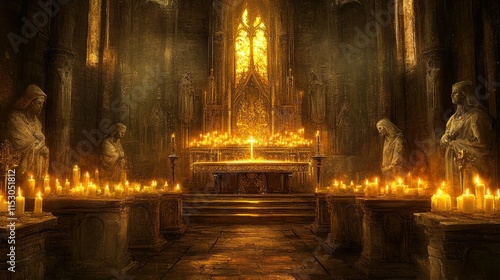 An atmospheric view of the Chapel of the Constables, with glowing candles illuminating the golden altar and stone statues