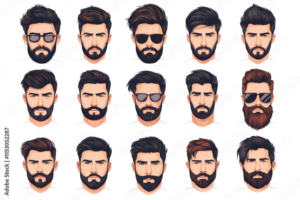 Various beard styles: long, stubble, goatee, and clean-shaven men in a row, each showcasing a unique look and personality. Various beard styles: long, stubble, goatee, and clean-shaven men in a row, each showcasing a unique look and personality.