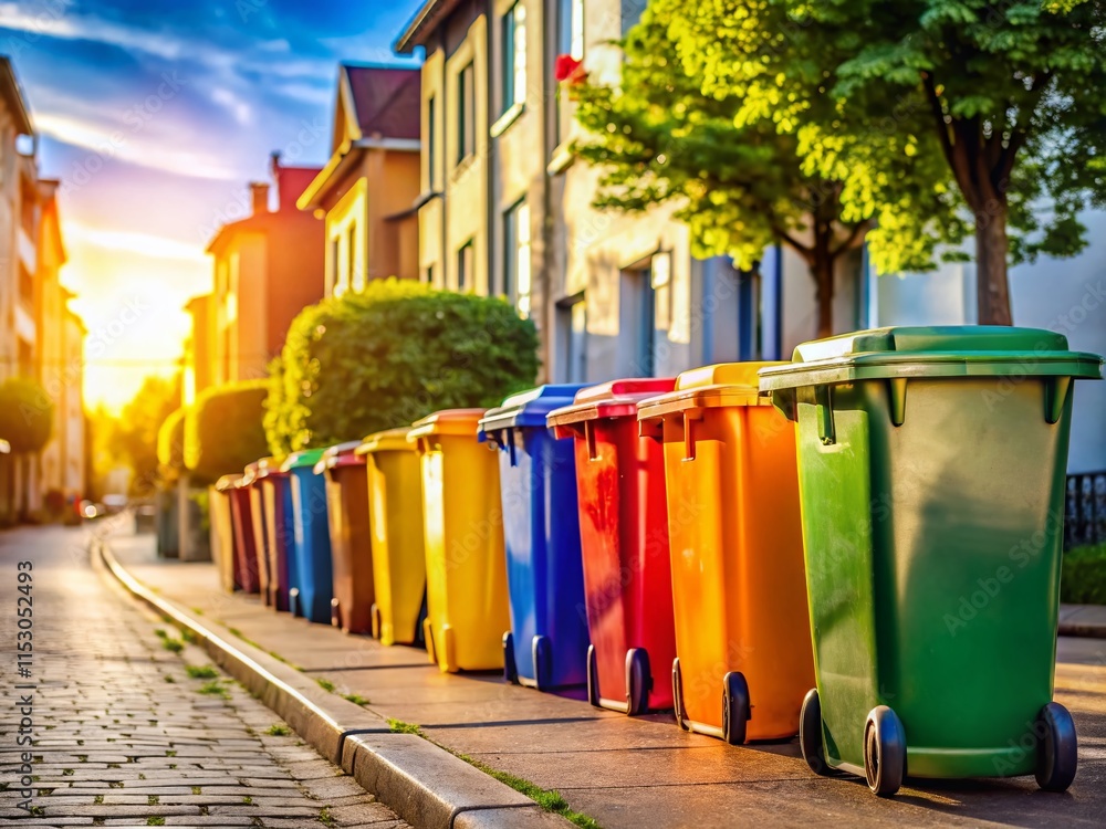 Colorful Recycling Bins in a Row on City Street - Environmental Conservation Stock Photo Colorful Recycling Bins in a Row on City Street - Environmental Conservation Stock Photo