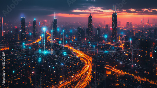 Wallpaper Mural Smart digital city with connection cyber security network reciprocity over the cityscape . future smart wireless digital city and social media networking systems that connects people within the city Torontodigital.ca