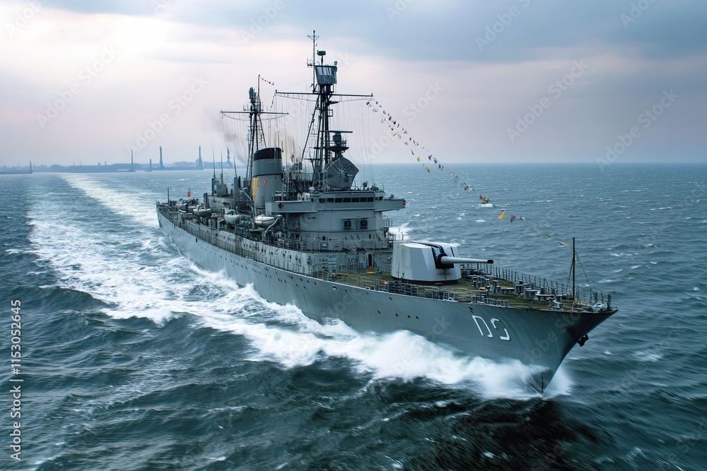 Naval ship navigating through the ocean waves. Naval ship navigating through the ocean waves.