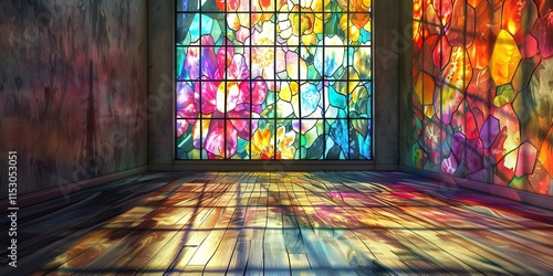 A blank space with vibrant, abstract stained glass patterns and vibrant flowers, Generative AI.