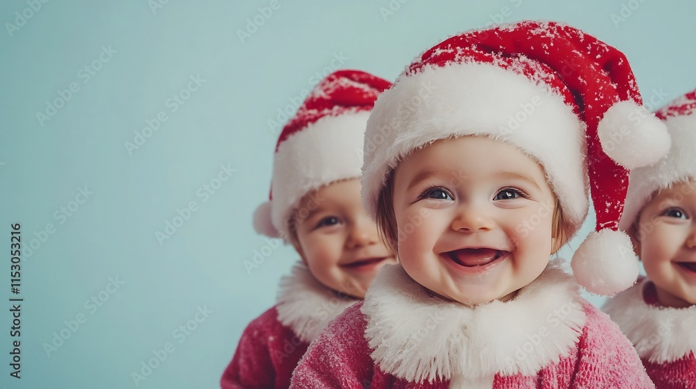 Cheerful Santa Costumed Babies Smiling on Pastel Background Cheerful Santa Costumed Babies Smiling on Pastel Background