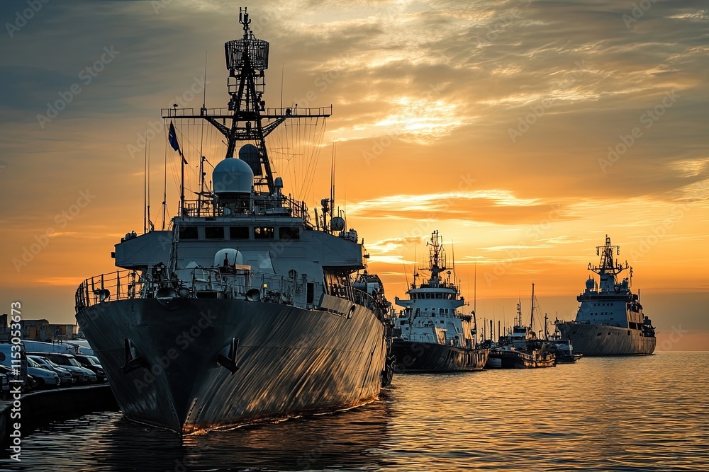 Fototapeta premium Naval ships docked at sunset in a harbor.