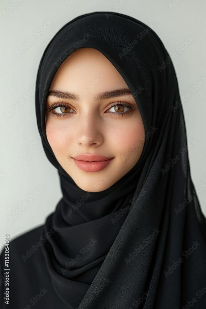 Woman wearing a black hina headscarf, sitting on a sandy beach at sunset, gazing at the ocean's horizon with a contemplative expression. Woman wearing a black hina headscarf, sitting on a sandy beach at sunset, gazing at the ocean's horizon with a contemplative expression.
