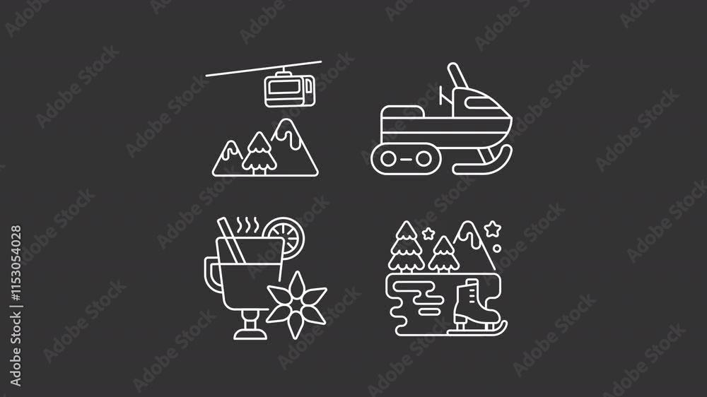 Winter resort activities white line animation library. Animated icons related to holiday season. Wintertime recreation. Isolated illustrations on dark background. Transition alpha. HD video. Icon pack Winter resort activities white line animation library. Animated icons related to holiday season. Wintertime recreation. Isolated illustrations on dark background. Transition alpha. HD video. Icon pack