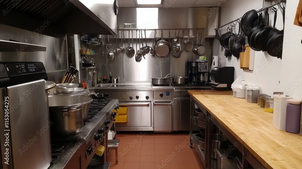 A high-end commercial kitchen design with stainless steel everything--counters, appliances, and hanging pots, ready for action. A high-end commercial kitchen design with stainless steel everything--counters, appliances, and hanging pots, ready for action.