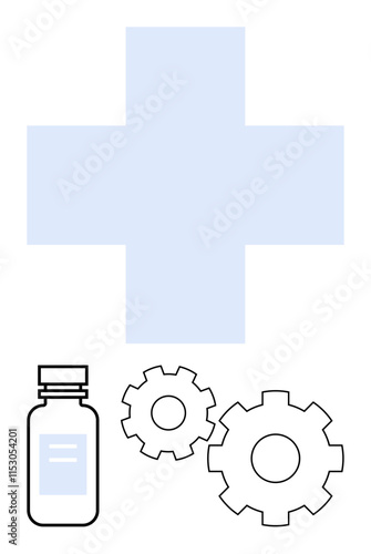 Blue cross with medicine bottle and gears representing healthcare and technology integration. Ideal for medical technology, healthcare advancement, pharmaceutical development, hospital management