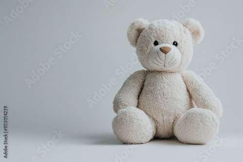 Teddy bear on white surface, surrounded by colorful balloons and a birthday cake with lit candles beside it.