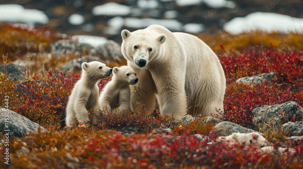 Fototapeta premium Polar Bear Mother and Cubs in Arctic Tundra
