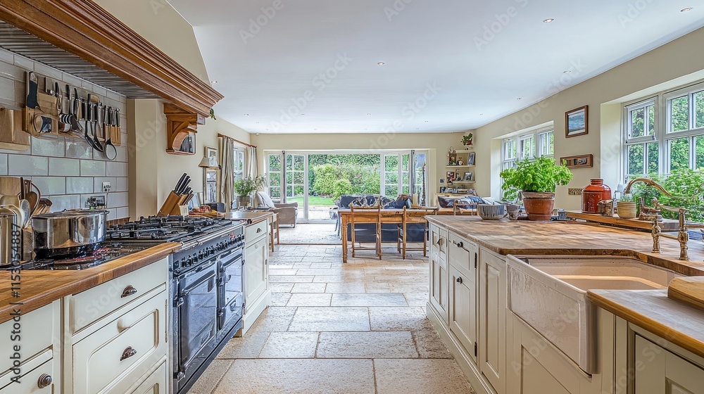 A large kitchen with an open-plan design, leading to a living area and a beautifully landscaped back terrace. A large kitchen with an open-plan design, leading to a living area and a beautifully landscaped back terrace.