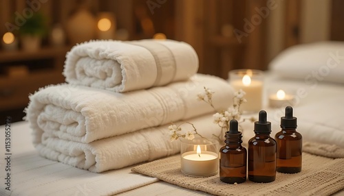 Spa Relaxation Scene With Towels Candles And Oils