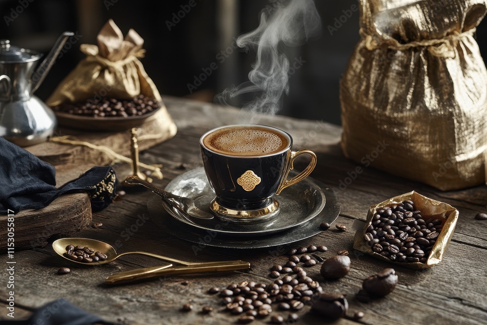 Steaming cup of coffee on rustic wooden table with coffee beans. Steaming cup of coffee on rustic wooden table with coffee beans.