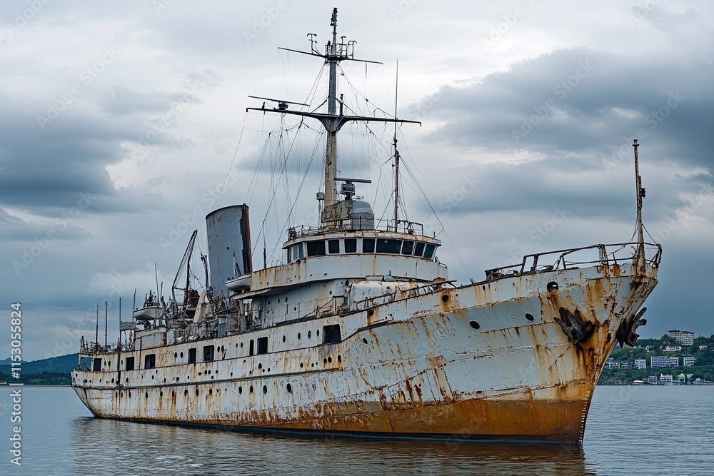 Rusty ship docked in calm waters under cloudy skies.