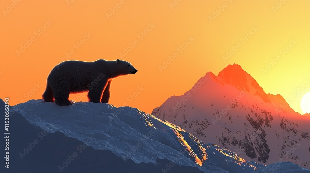 Polar Bear Silhouette at Sunset, Majestic Mountain View Polar Bear Silhouette at Sunset, Majestic Mountain View