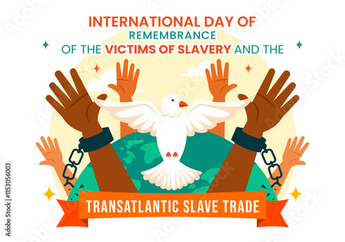 International Day of Remembrance of the Victims of Slavery and the Transatlantic Slave Trade Vector Illustration Featuring Broken Handcuffs on Hands