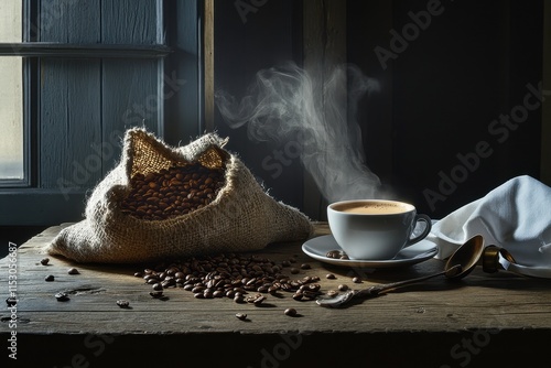 Steaming coffee cup beside burlap sack of beans on rustic wood table. photo