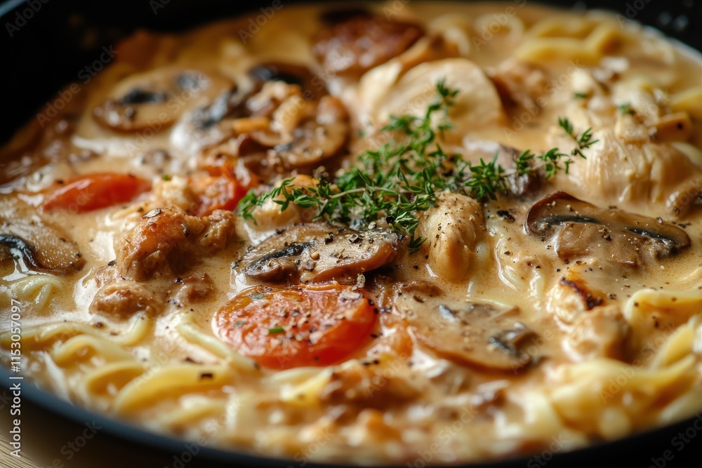 Creamy mushroom chicken pasta in skillet. (1) Creamy mushroom chicken pasta in skillet. (1)