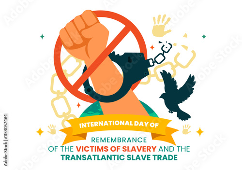 International Day of Remembrance of the Victims of Slavery and the Transatlantic Slave Trade Vector Illustration Featuring Broken Handcuffs on Hands