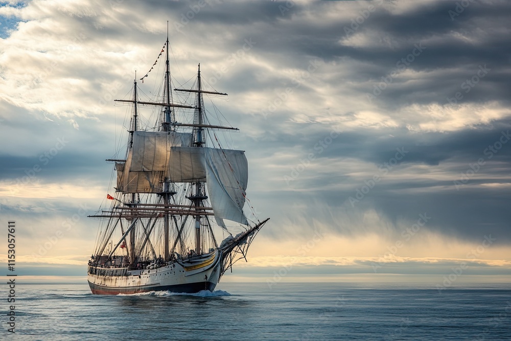 Sailing ship gliding through calm waters under cloudy sky. Sailing ship gliding through calm waters under cloudy sky.