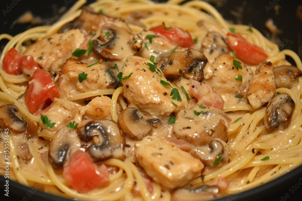 Creamy chicken pasta with mushrooms and tomatoes. (4)