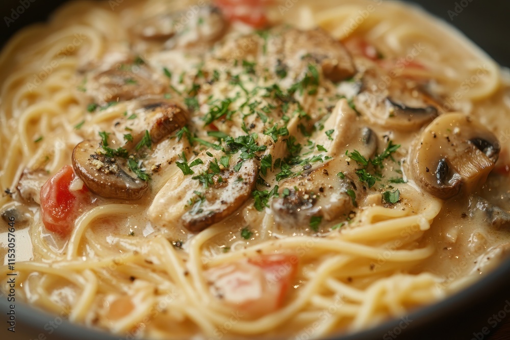 Creamy mushroom chicken pasta in a bowl. (2) Creamy mushroom chicken pasta in a bowl. (2)