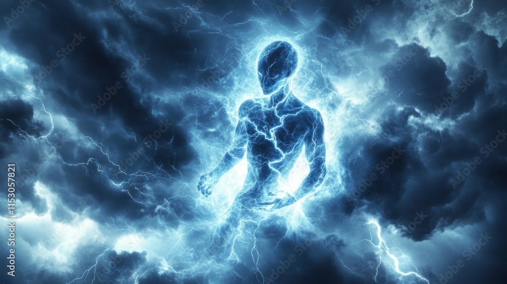 Fototapeta premium A human-shaped figure radiating stormy lightning energy, surrounded by swirling black clouds and illuminated by bright flashes 