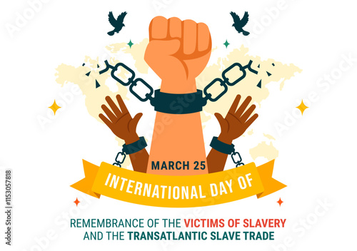 International Day of Remembrance of the Victims of Slavery and the Transatlantic Slave Trade Vector Illustration Featuring Broken Handcuffs on Hands