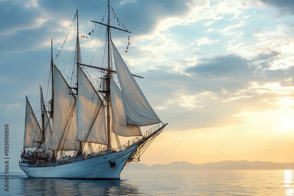 Sailing ship with billowing sails at sunset. Sailing ship with billowing sails at sunset.