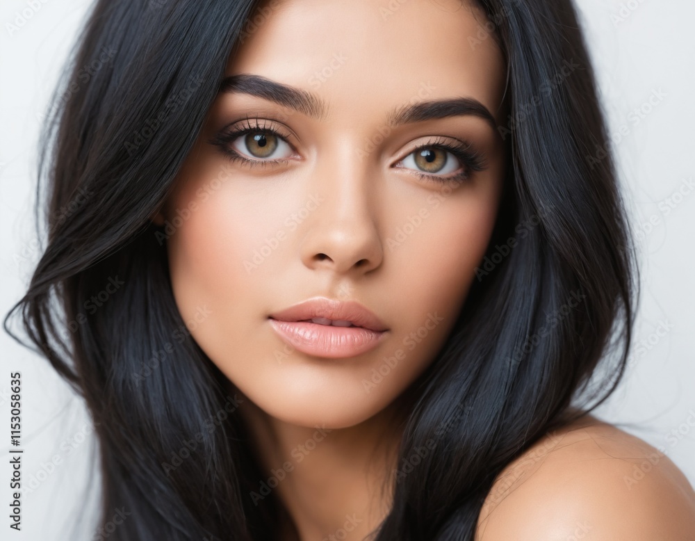 Obraz premium Portrait of a beautiful young woman with clean, fresh skin and long, thick black hair. ai generator