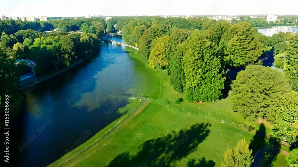 Green bright summer park with lake, river and trees. Video of a green forest from a bird's eye view. Green bright summer park with lake, river and trees. Video of a green forest from a bird's eye view.