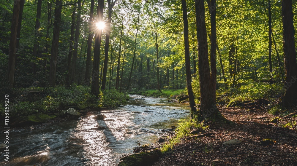 Obraz premium Sunlit Stream Flows Through Lush Green Forest Canopy
